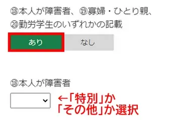 本人が障害者の場合は「特別」または「その他」を選択してください。