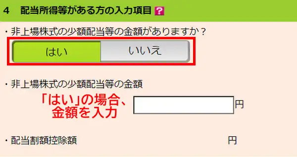 配当所得等がある方の入力項目