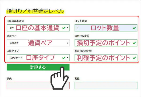 XMの損切り/利益確定レベル計算機の入力例