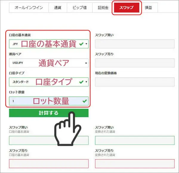 XMスワップ計算機の入力例