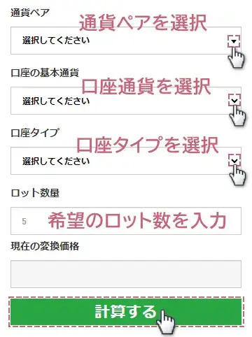 XMピップ値計算機の入力例