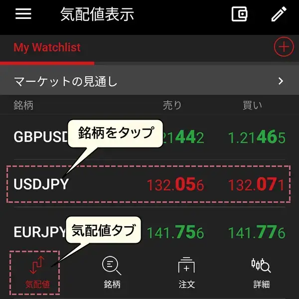 XMTradingアプリでスプレッド確認画面