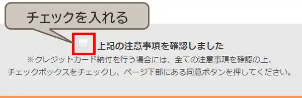 クレジットカードで納税 注意事項を確認して、チェックボックスにチェック