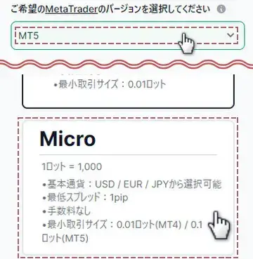 プラットフォーム、口座タイプ選択画面