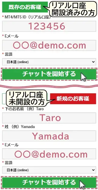 チャット画面、必要事項の入力