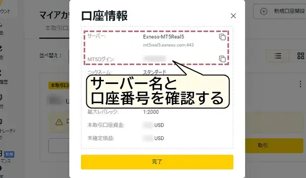 エクスネスの会員ページで口座番号とサーバー名を確認する2