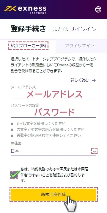 Exnessパートナーシッププログラム登録時の入力例