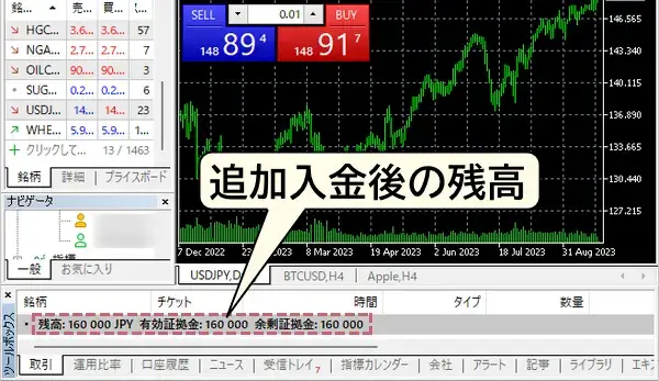 MT4/MT5画面から取引を押し、残高を確認する