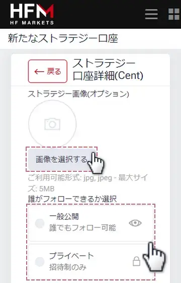 HFコピーのプロバイダー口座開設手順5アイコンを設定し、一般公開かプライベートかを選択