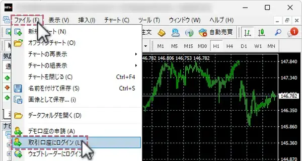 PC版MT4/MT5にHFMの口座でログインする方法1ファイルメニューの取引口座にログインをクリック