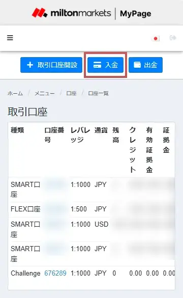 MiltonMarketsチャレンジ口座に入金