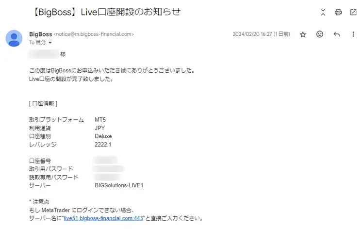 BigBossデラックス口座の開設が完了