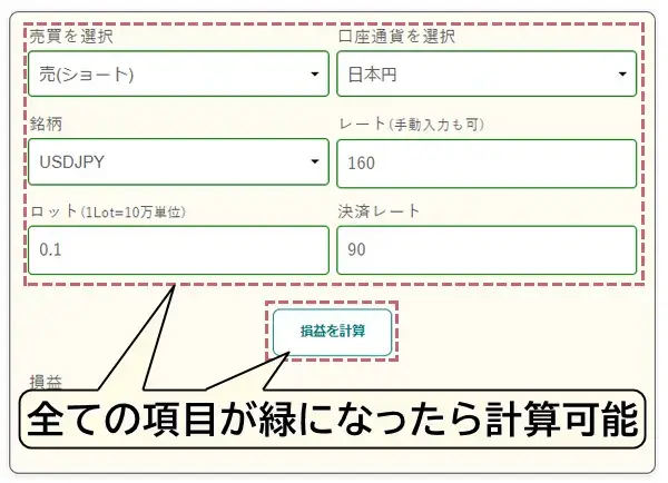 損益を計算をクリック