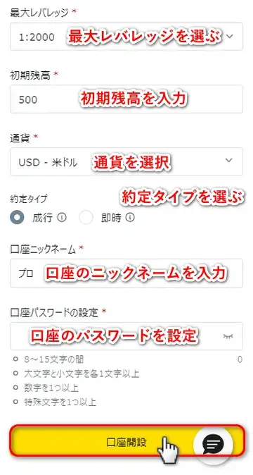 Exneessデモ口座の詳細入力画面