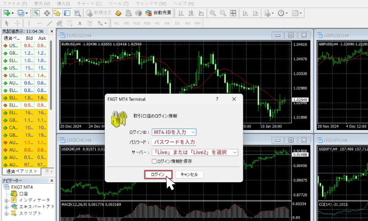 FXGT MT4へログインする手順3:ログイン情報の入力