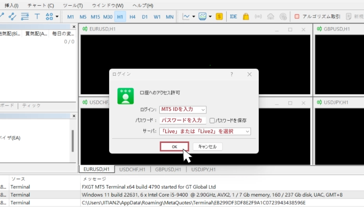 FXGT MT5へログインする手順3:ログイン情報の入力