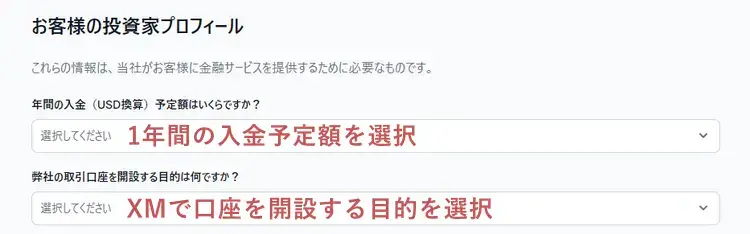 XM投資家プロフィールの入力画面