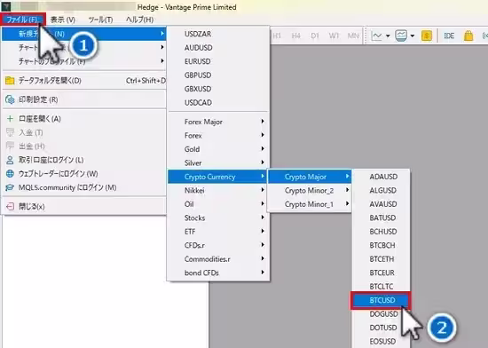 MT5のチャート画面、ファイルから取引委銘柄を選択