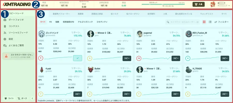 XMのコピートレードの画面