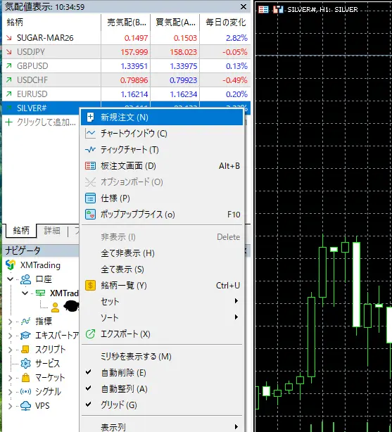 XMのSILVERの気配値画面、シンボルの追加とチャート表示