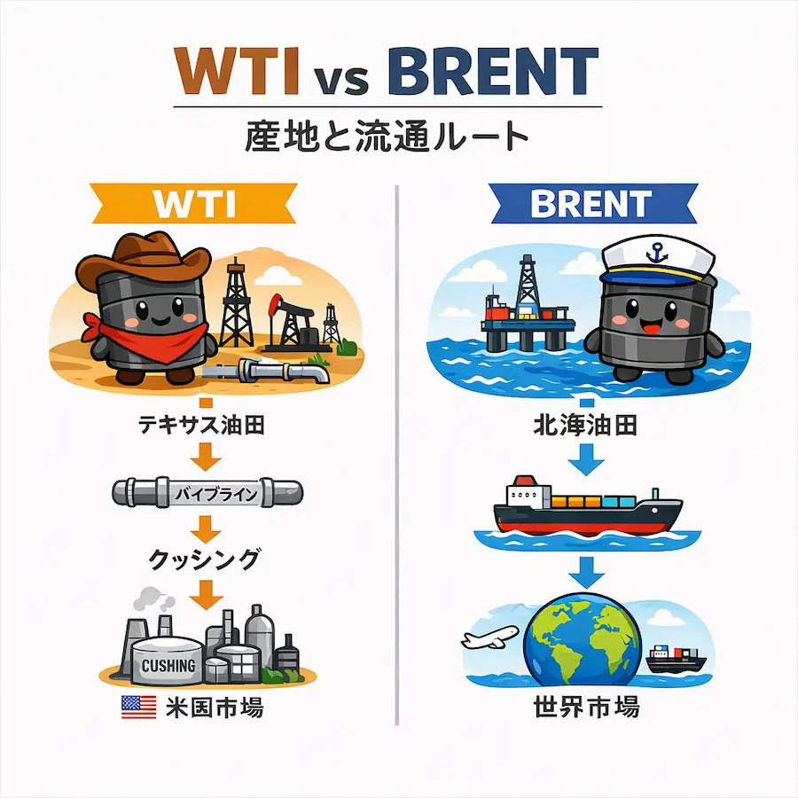 WTI・ブレントの産地と流通ルートのイメージ図